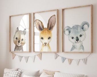 Set of 3 Australian baby Animals Nursery Wall Art Prints| kangaroo, Koala, Wombat| Nursery Child Kids Printable| Nursery Decor Watercolor