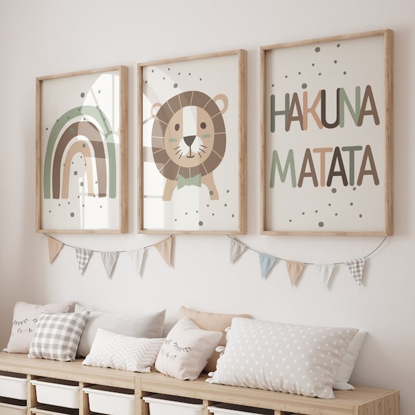 Boho set van 3 jungle dieren 'Hakuna Matata' muurkunstprint voor kinderkamer| Safari, Regenboog, Leeuw| Kinderdagverblijf Kinderen| Saliegroen decor