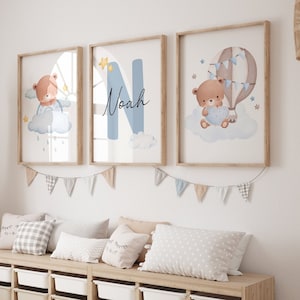 Set of 3 Teddy Bear Nursery Wall Art Print| Personalized name| Bear Nursery Decor| Custom Teddy Bear| Baby boy, New baby| Hot Air Ballon|