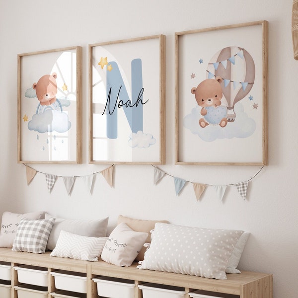 Lot de 3 impressions d'art mural chambre d'enfant ours en peluche | Nom personnalisé| Décoration de chambre d'ours| Ours en peluche personnalisé| Petit garçon, Nouveau bébé| Montgolfière|