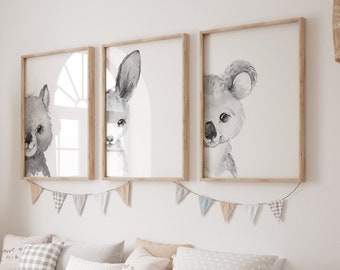 Set of 3 Australian baby Animals Nursery Wall Art Prints| kangaroo, Koala, Wombat| Nursery Child Kids Printable| Black and White Nursery
