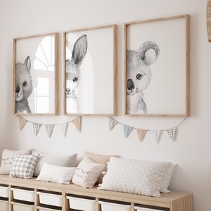 3er Set Australische Baby Tiere Kinderzimmer Wand Kunstdrucke| Känguru, Koala, Wombat| Kindergarten Kind Kinder Printable| Schwarz-Weiß Kinderzimmer