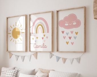 Set of 3 Girl Nursery Wall Art Print, Rainbow, Cloud, Sun, Personalized Name, boho, baby girl nursery Decor, Custom name, Digital Download