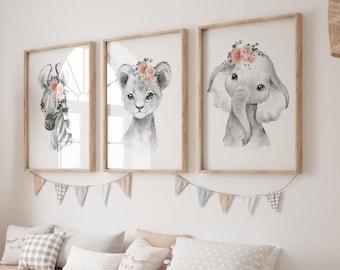 Safari Baby Girl Nursery Decor| Black and White Safari Nursery Wall Art Print| Floral, Jungle Animal Prints, Blush Pink Flowers - Printable