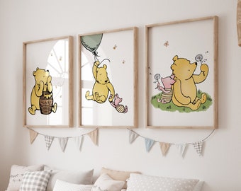 Lot de 3 estampes classiques de Winnie l'ourson, art mural pour chambre d'enfant Winnie l'ourson, décoration pour chambre d'enfant, téléchargement numérique Winnie l'ourson, nouveau cadeau pour bébé