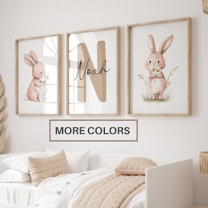 Juego de 3 impresiones artísticas de pared para guardería de conejitos, nombre personalizado, letrero con nombre personalizado para recién nacidos, decoración infantil para guardería, conejo, póster neutro para guardería