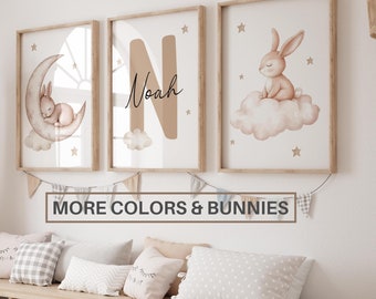Set of 3 Custom Bunny nursery wall art print| Personalized name Rabbit Nursery Decor| Nursery Child Kids Decor| Cloud, Moon, Star, printable