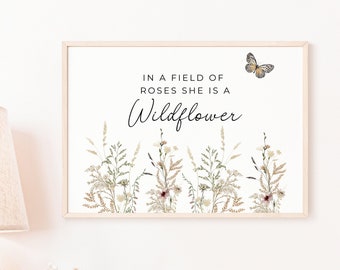 Wildflowers Nursery Wall Art Print 'Dans un champ de roses, elle est une fleur sauvage'| Paysage, Boho, Floral, Fleur aquarelle | Chambre de bébé fille