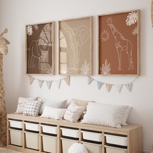 Set of 3 Boho Safari Line Art children's Bedroom Nursery Wall Art Print | Lion, Elephant, Giraffe, Jungle Animal| Minimalist| Neutal Decor