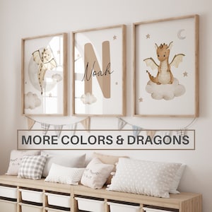 Juego de 3 impresiones artísticas de pared personalizadas de dragones para guardería/Decoración de guardería con nombre personalizado de dragones/Decoración infantil para guardería/Neutro, Luna, Nube