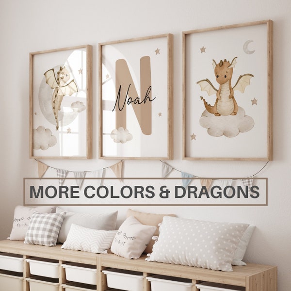 Set of 3 Custom Baby Dragons nursery wall art print| Personalized name Dragons Nursery Decor| Nursery Child Kids Decor| Neutral, Moon, Cloud