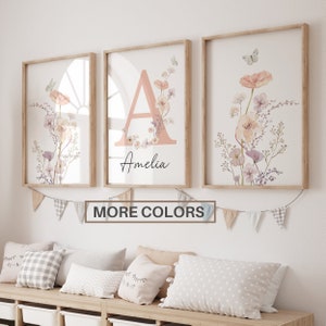 Impresiones personalizadas de flores silvestres/ Arte de pared de vivero floral, Boho, Arte de pared de guardería para niñas/ Flores de acuarela/ Signo de nombre personalizado Inicial