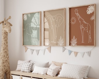 Lot de 3 Boho Safari Line Art pour chambre d'enfant Impression d'art mural pour chambre d'enfant | Lion, éléphant, girafe, animal de la jungle| Minimaliste| Décor neutre