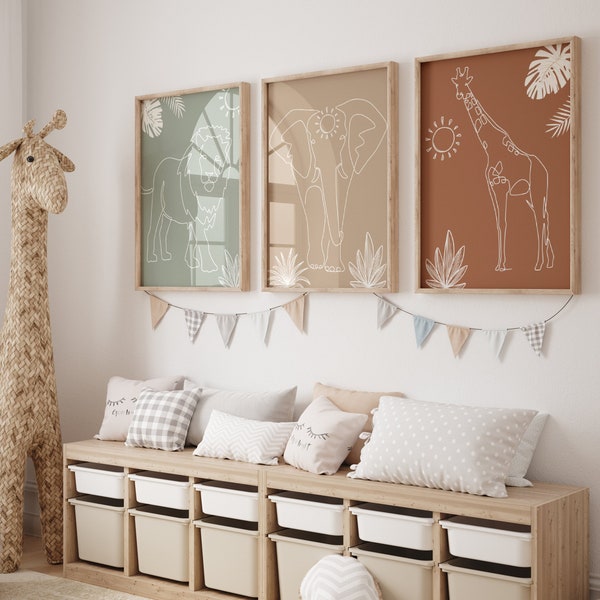 Set of 3 Boho Safari Line Art children's Bedroom Nursery Wall Art Print | Lion, Elephant, Giraffe, Jungle Animal| Minimalist| Neutal Decor