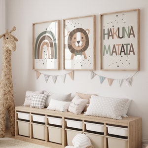 Sofort Download - 3er Set Dschungeltier 'Hakuna Matata' Kinderzimmer Wand Kunstdruck | Boho, Safari, Regenbogen, Löwe| Kinderzimmer Kind Kinder Dekor