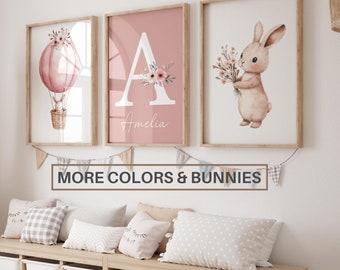 Bunny Nursery Wall Art Print Custom Name, Personalised Newborn Name sign, Girl Nursery Decor, Wildflowers, Rabbit, Hot air Ballon, Set of 3
