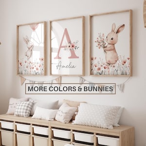 Hase Kinderzimmer Wandbild, Baby Girl Kinderzimmer Dekor, Name personalisiert, Neugeborenen Namensschild, Kaninchen, Wildblumen, Heißluftballon