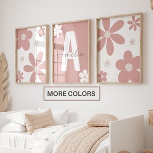 Set di 3 stampe artistiche da parete personalizzate con margherita per la cameretta dei bambini/Decorazione personalizzata per cameretta dei bambini con nome margherita/Decorazione per cameretta dei bambini/Targa con nome floreale e fiori