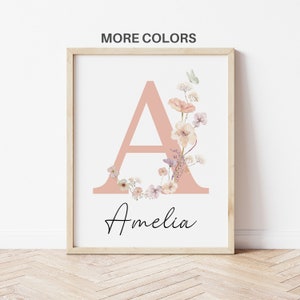 Custom Floral initial Wildflowers nursery Wall Art Print| Personalized name| Boho, Watercolor flower| Baby girl Nursery Decor| Name sign