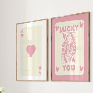 Trendy Retro Wall Art Set Of 3, Lucky You Print, Retro Trendy Aesthetic Print, Ace Card Poster, Trendy Wall Art, Funny Art, imprimible, rosa