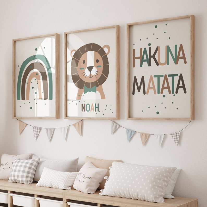 Conjunto imprimible de 3 Jungle Animal 'Hakuna Matata' Wall Art Prints / Nombre personalizado / Boho, Safari, Lion, Rainbow / Nursery Child Kids Decor imagen 10