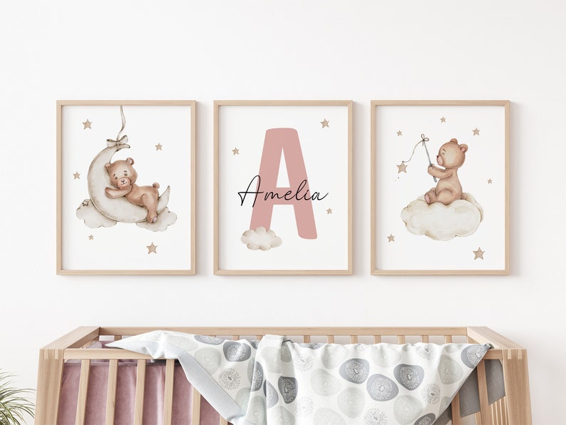 Set of 3 Custom Teddy Bear nursery wall art print Personalized name Teddy bear Nursery Decor Nursery Child Kids Decor Cloud, Moon, Ballon image 3