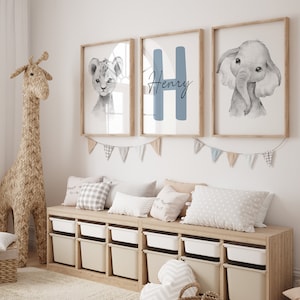 Conjunto de 3 Jungle Animal Nursery Decor Wall Art Print/ Nombre personalizado/ Safari Nursery Decor/ León, Elefante, Jirafa/ Niños Niños Imprimibles imagen 5