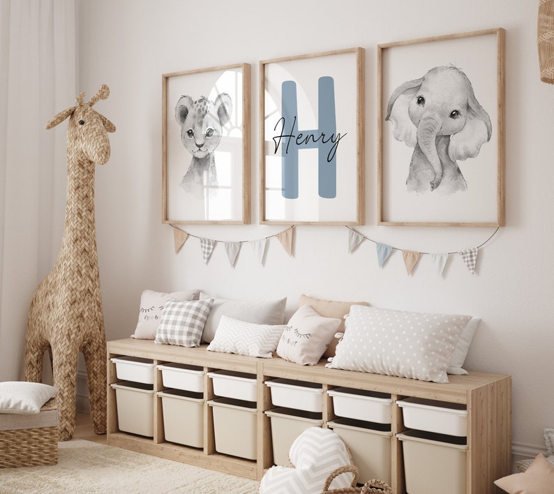 Set of 3 Jungle Animal Nursery Decor Wall Art Print Personalized name Safari Nursery Decor Lion, Elephant, Giraffe Child Kids Printable image 5