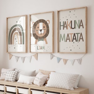 Conjunto imprimible de 3 Jungle Animal 'Hakuna Matata' Wall Art Prints / Nombre personalizado / Boho, Safari, Lion, Rainbow / Nursery Child Kids Decor imagen 6