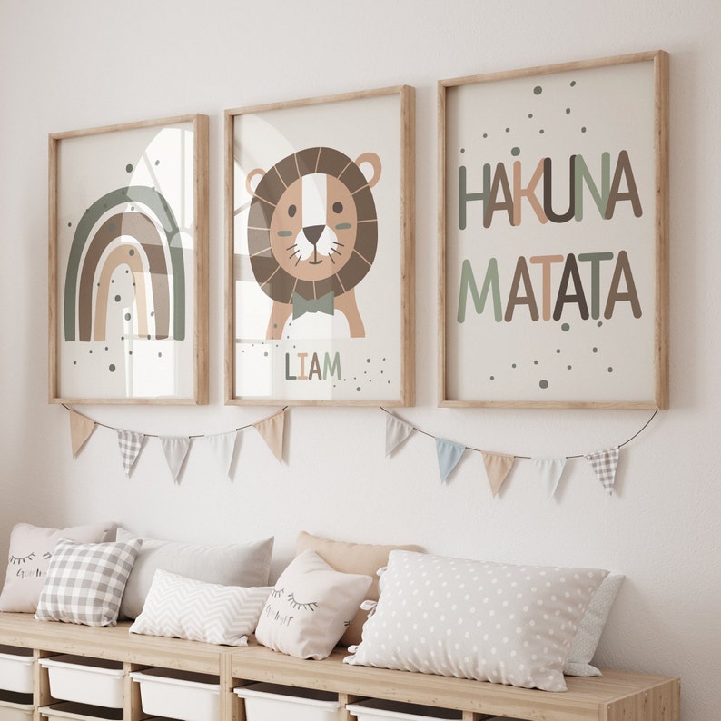 Conjunto imprimible de 3 Jungle Animal 'Hakuna Matata' Wall Art Prints / Nombre personalizado / Boho, Safari, Lion, Rainbow / Nursery Child Kids Decor imagen 6