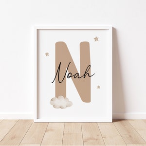 Custom Initial nursery wall art print| Personalized name|  Watercolor, Cloud, Stars Nursery Decor| custom name| Nursery Child Kids Decor