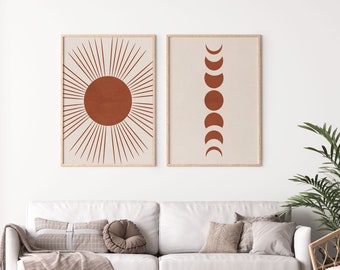 Set Sun and Moon Print, Set of 2 Prints, Boho Wall Decor, Earth Terracotta Wall Art, Sun And Moon Art, Neutral Print, Gallery Wall Art Set