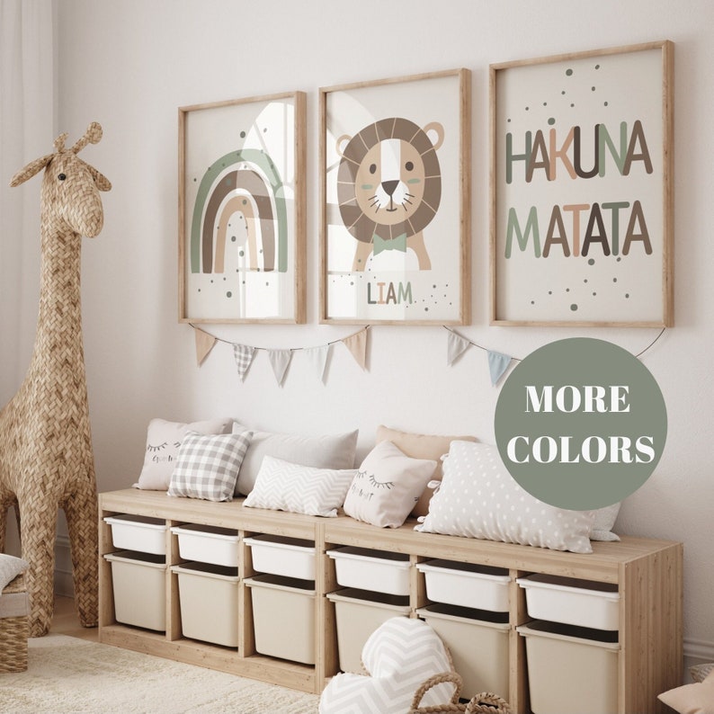 Conjunto imprimible de 3 Jungle Animal 'Hakuna Matata' Wall Art Prints / Nombre personalizado / Boho, Safari, Lion, Rainbow / Nursery Child Kids Decor imagen 1