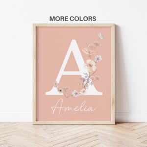 Impresión de arte de pared con iniciales florales personalizadas de flores silvestres para guardería/nombre personalizado/boho, flor de acuarela/decoración de guardería de niña/letrero con nombre