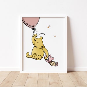 Winnie the Pooh flying in a pink balloon holding her piglet friend by the hand