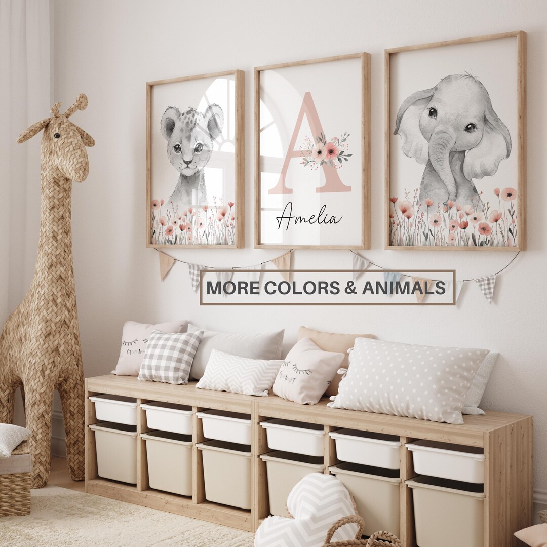 Personalized Safari Nursery Wall Art Set of 3 | Wildflowers | Baby Girl ...