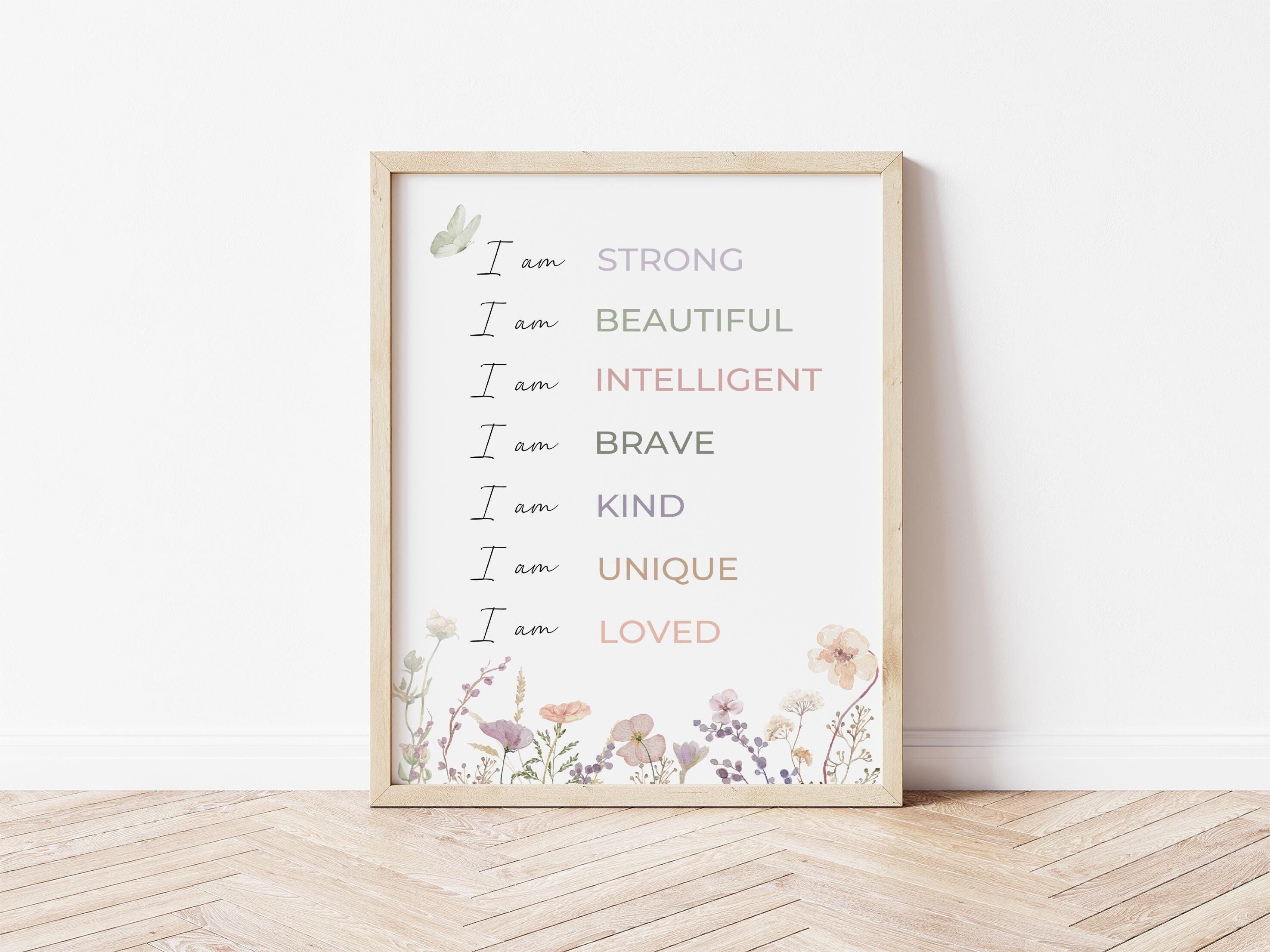 Positive Affirmations for Kids Print 'I Am Kind' , Inspirational Nursery Wall Art Print| Baby Girl Nursery Decor, Wildflowers, Floral