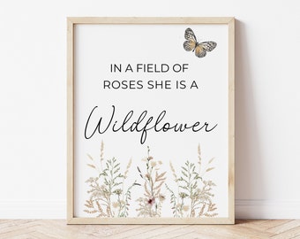 Wildflowers Nursery Wall Art Print 'Dans un champ de roses, elle est une fleur sauvage' | Boho, Floral, Fleur aquarelle| Déco murale chambre d'enfant bébé fille