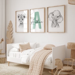 Conjunto de 3 Jungle Animal Nursery Decor Wall Art Print/ Nombre personalizado/ Safari Nursery Decor/ León, Elefante, Jirafa/ Niños Niños Imprimibles imagen 7