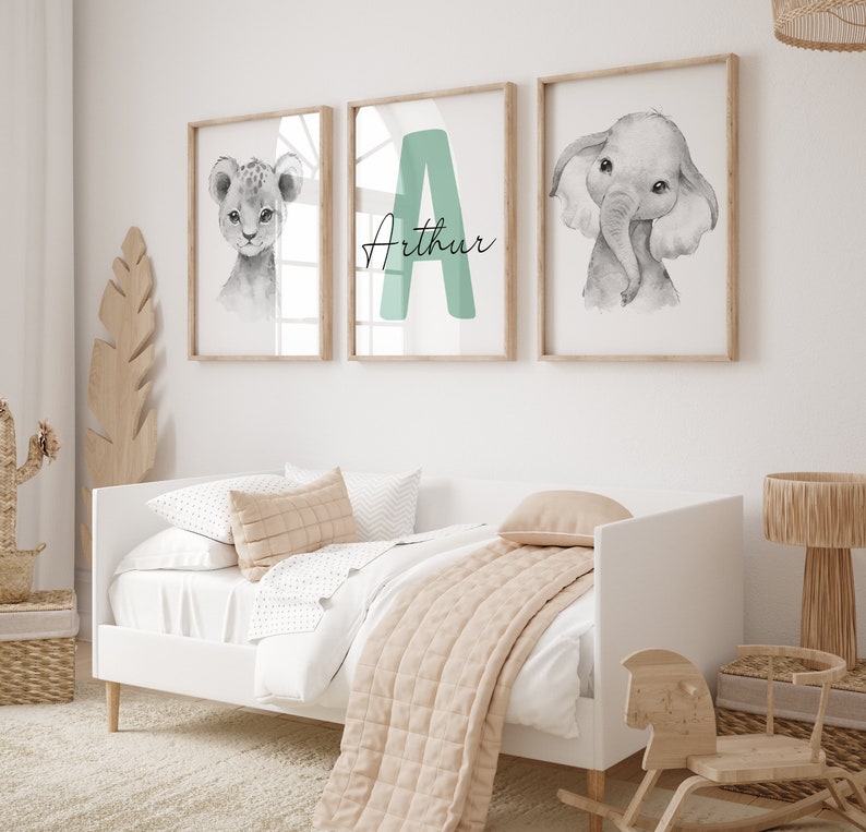 Conjunto de 3 Jungle Animal Nursery Decor Wall Art Print/ Nombre personalizado/ Safari Nursery Decor/ León, Elefante, Jirafa/ Niños Niños Imprimibles imagen 7