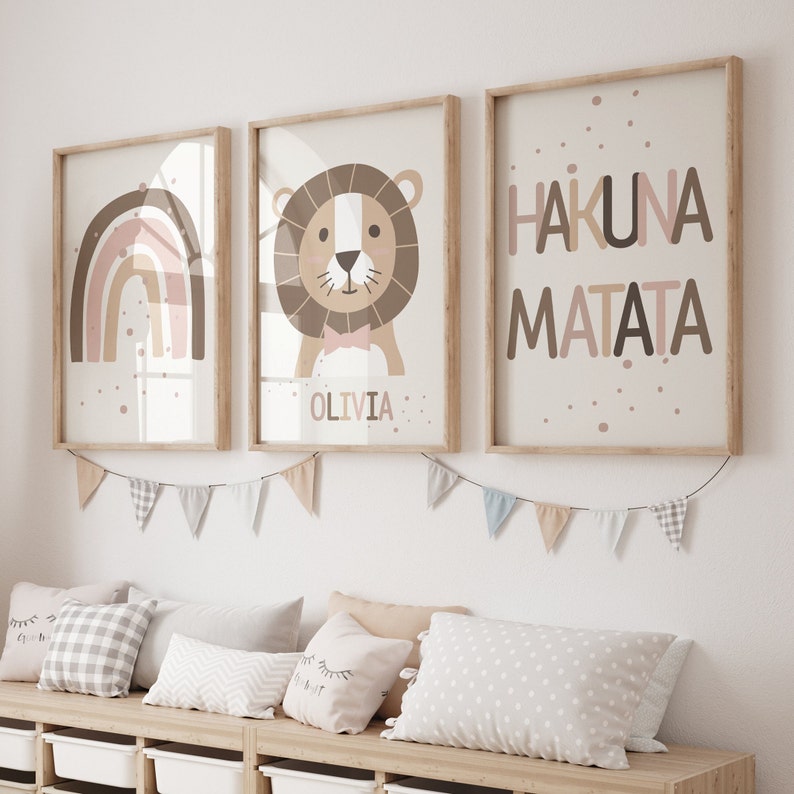 Conjunto imprimible de 3 Jungle Animal 'Hakuna Matata' Wall Art Prints / Nombre personalizado / Boho, Safari, Lion, Rainbow / Nursery Child Kids Decor imagen 9