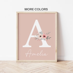 Impresión de arte de pared con inicial floral personalizada para guardería/nombre personalizado/flores silvestres, estilo bohemio, flor de acuarela/decoración para guardería de niña/letrero con nombre