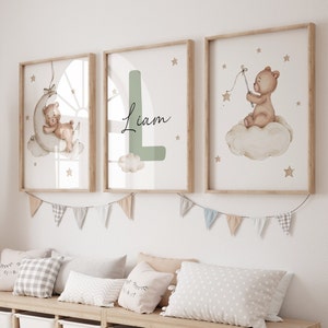 Set of 3 Custom Teddy Bear nursery wall art print Personalized name Teddy bear Nursery Decor Nursery Child Kids Decor Cloud, Moon, Ballon image 6