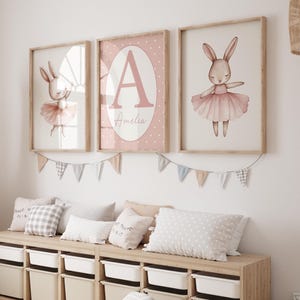Set van 3 ballerina konijn kinderkamer kunst print aangepaste naam, decor meisje kinderkamer, gepersonaliseerd bord pasgeboren naam, ballerina konijn, ballet