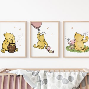 Lot de 3 impressions classiques de Winnie l'ourson, art mural pour chambre d'enfant bébé filles, décoration pour chambre d'enfant, téléchargement numérique ourson, nouveau cadeau pour bébé image 2