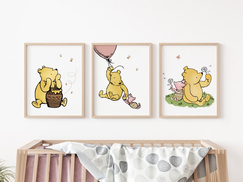 Lot de 3 impressions classiques de Winnie l'ourson, art mural pour chambre d'enfant bébé filles, décoration pour chambre d'enfant, téléchargement numérique ourson, nouveau cadeau pour bébé image 2