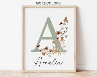 Custom Floral initial Wildflowers nursery Wall Art Print| Personalized name| Boho, Watercolor flower| Baby girl Nursery Wall Art| Name sign