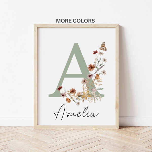 Impression d'art mural de pépinière de fleurs sauvages initiale florale personnalisée | Nom personnalisé| Boho, fleur aquarelle | Art mural de chambre de bébé fille | Signe de nom