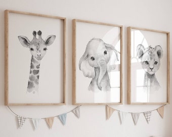 Conjunto de 3 Safari Nursery Wall Art Print/ Decoración de vivero Safari en blanco y negro/ Animal bebé de la selva, León, Jirafa, Elefante- Descarga instantánea