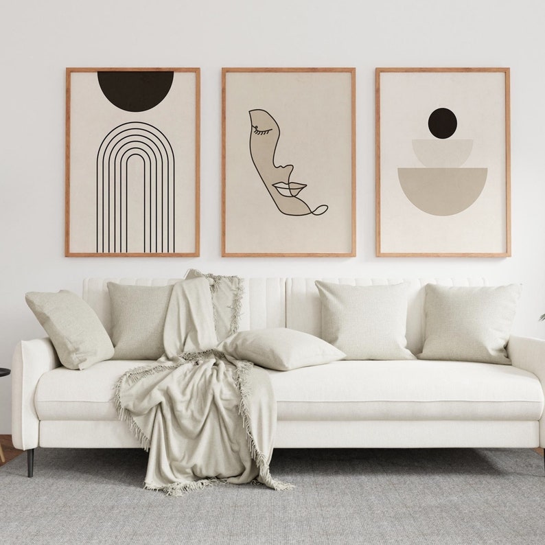 Tryptic Wall Art, Symmetrical Wall Decor, 3 Pc Wall Art, MCM Art Prints, Mid-Century Modern Boho Geometric Line Rainbow Women illustration image 1